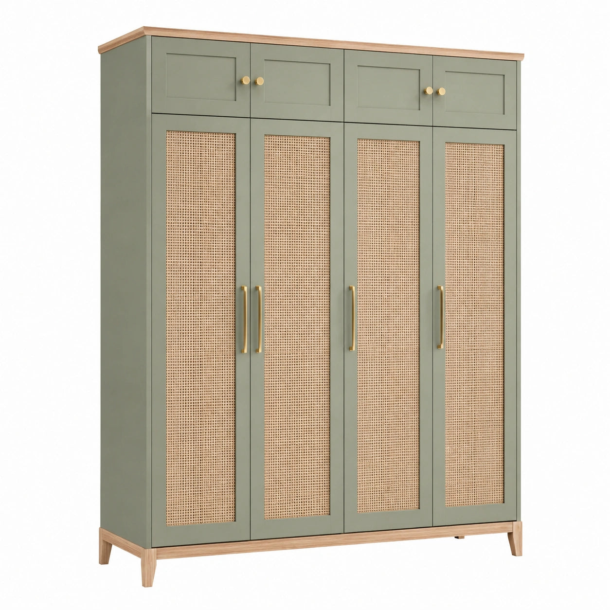 Armario de Madera y Mimbre de 4 Puertas 200x150x60 cm Verde