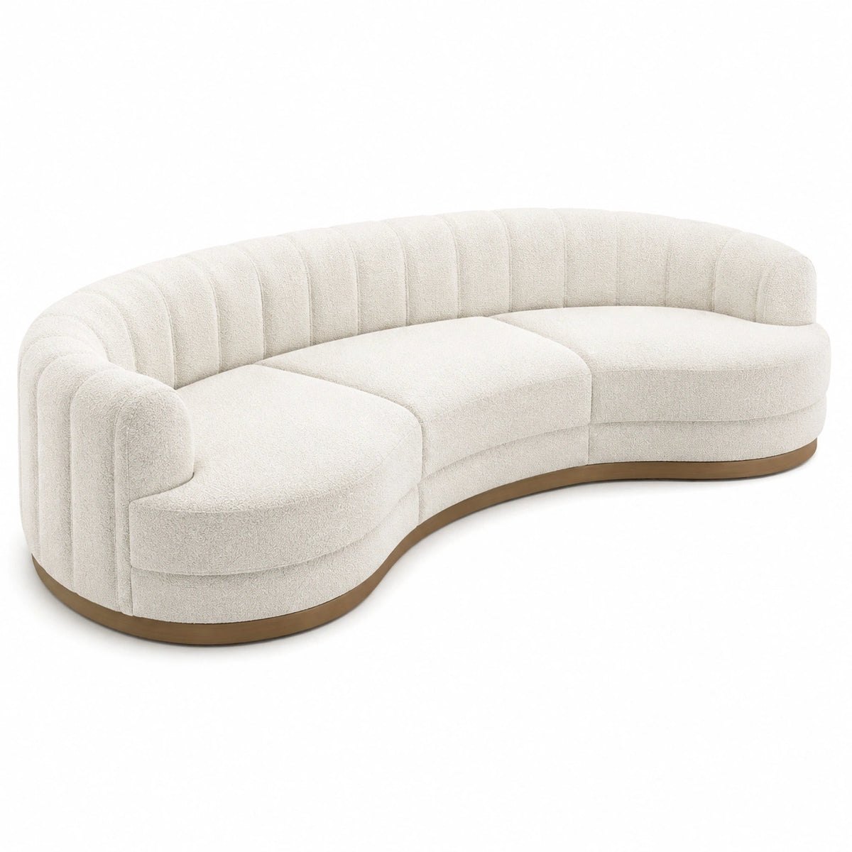 Sofá curvo de 3 plazas tela bouclé beige base de madera 300x100x85 cm