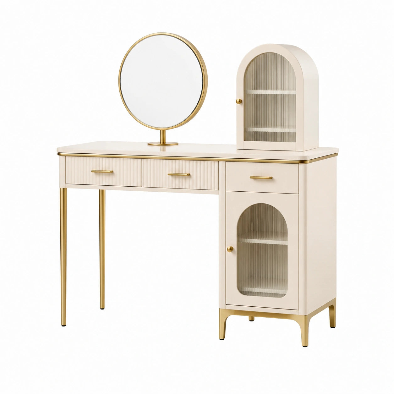 Tocador de madera y metal con espejo redondo beige y oro