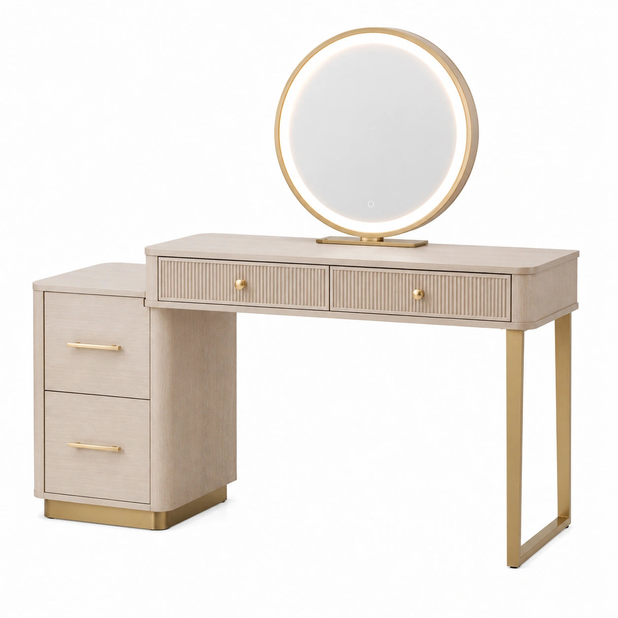 Tocador de madera con espejo redondo LED, beige y dorado