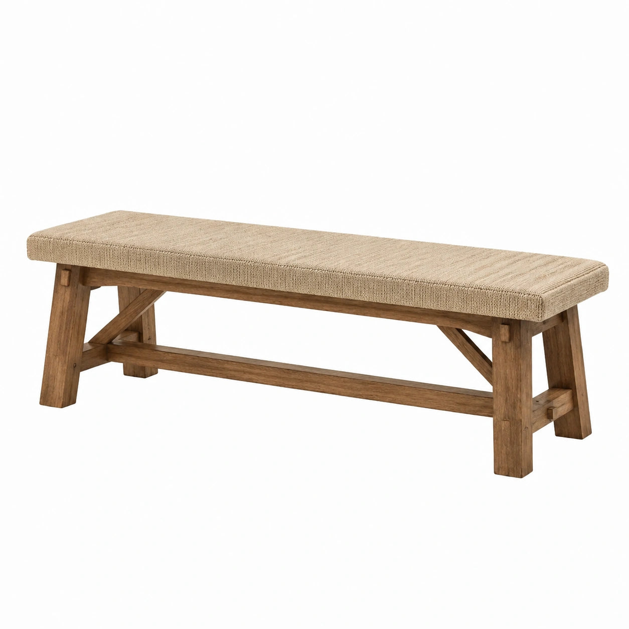 Banco de madera con tapizado de lino beige 150cm
