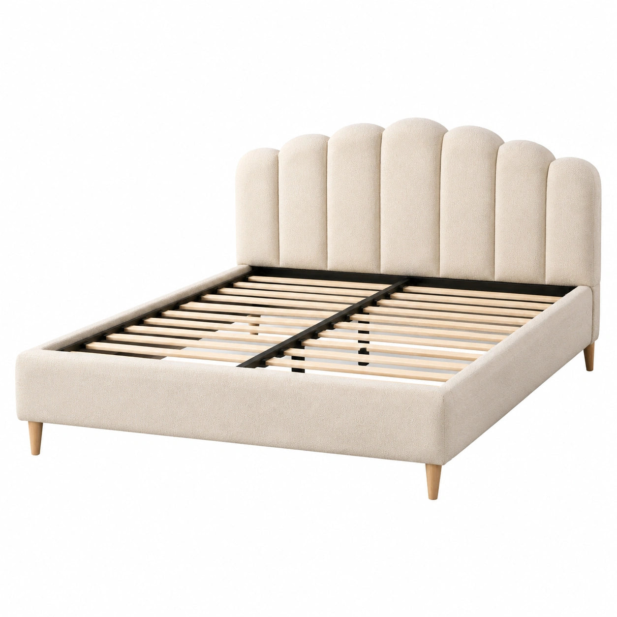Cama doble beige con cabecero de tela de poliéster