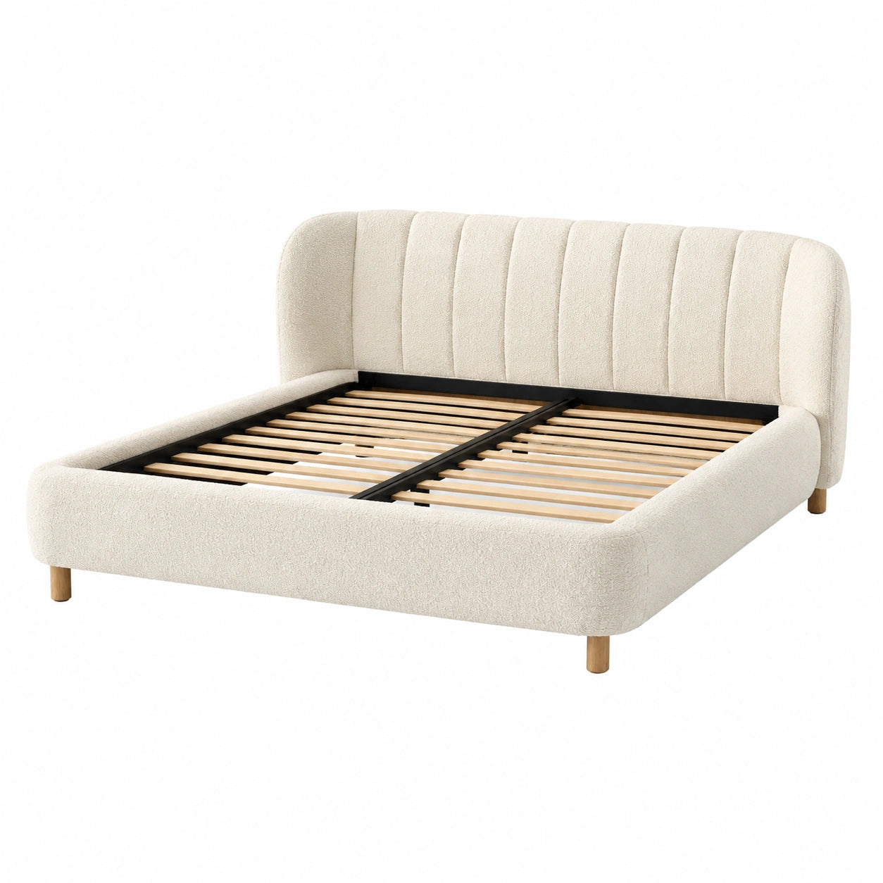 Cama doble de tela beige con estructura de madera y soporte de lamas