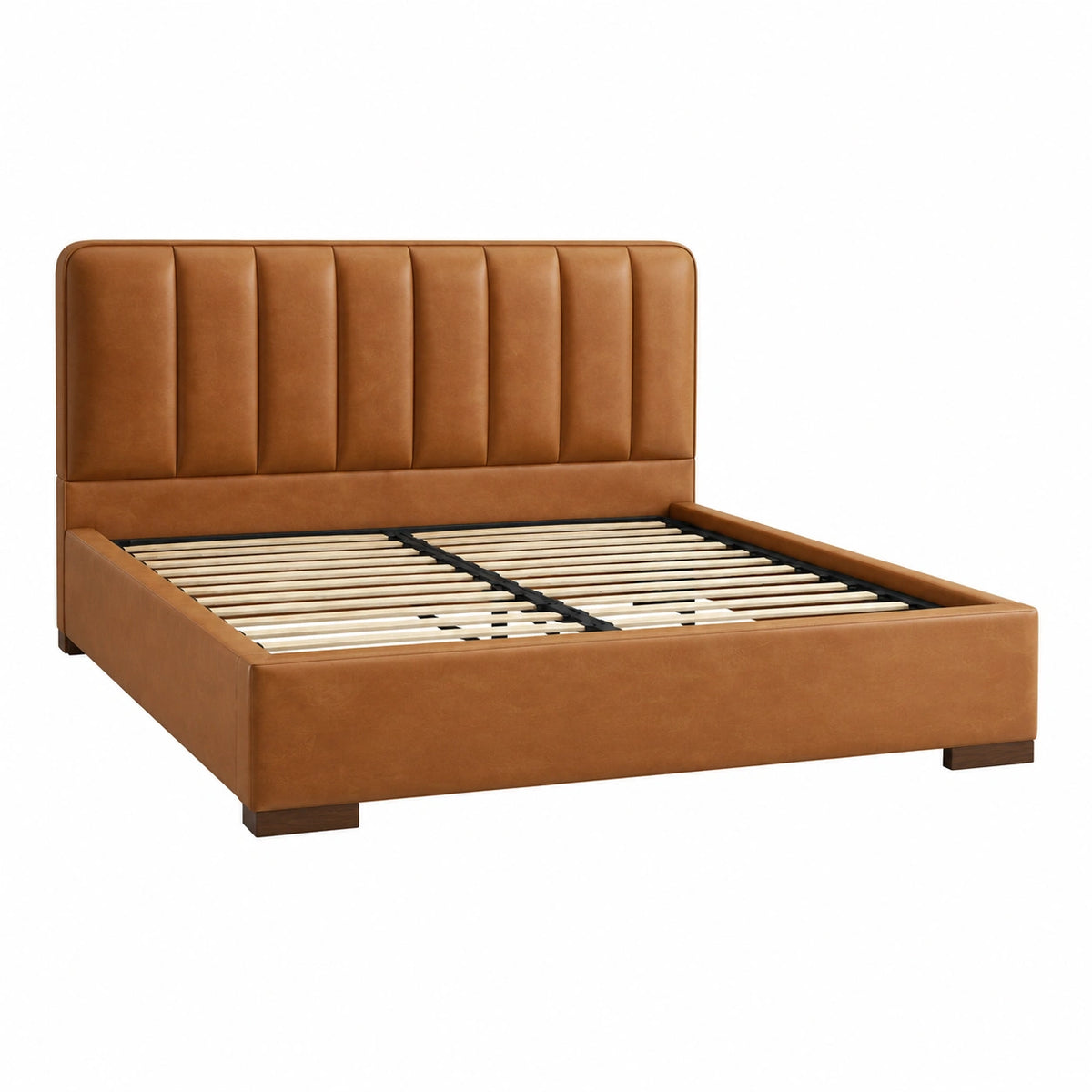 Cama doble con cabecera acolchada de cuero sintético 140x200 cm marrón