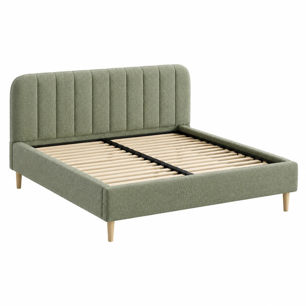 Cama doble tapizada verde con estructura de haya y poliéster 200x160 cm