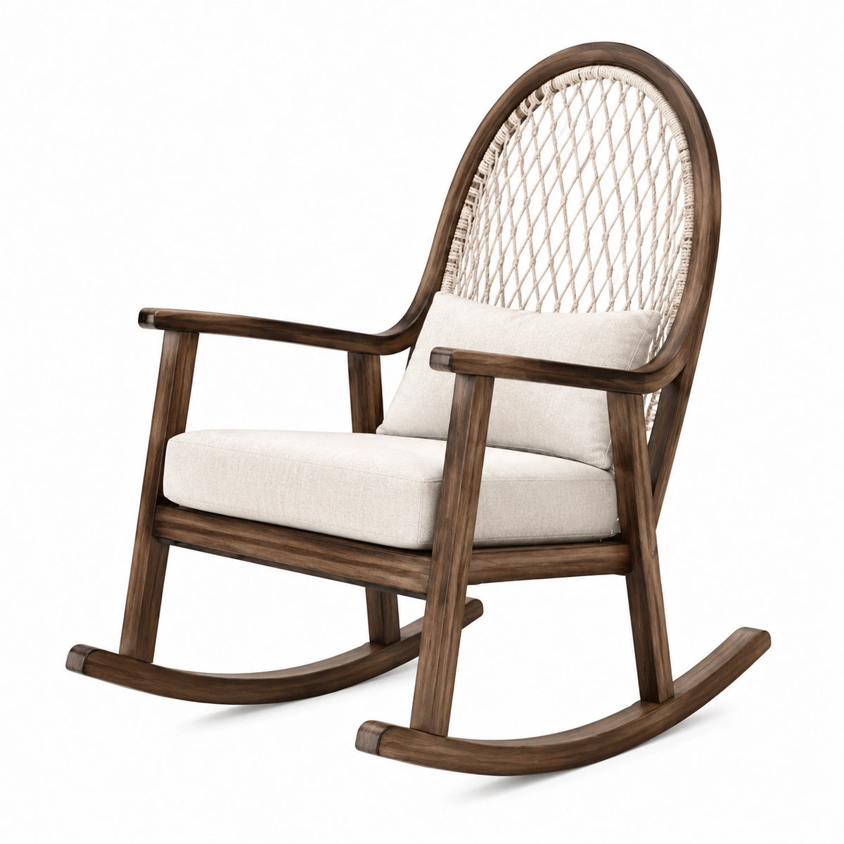 Mecedora de madera con respaldo de cuerda de algodón y cojín de lino crema
