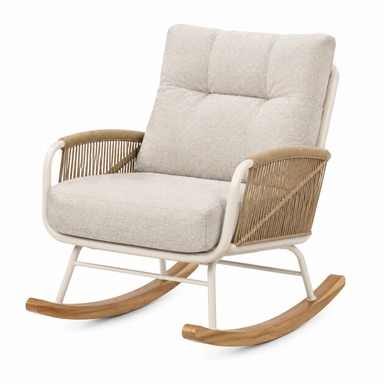 Mecedora con estructura de metal, asiento de poliéster y base de madera de acacia