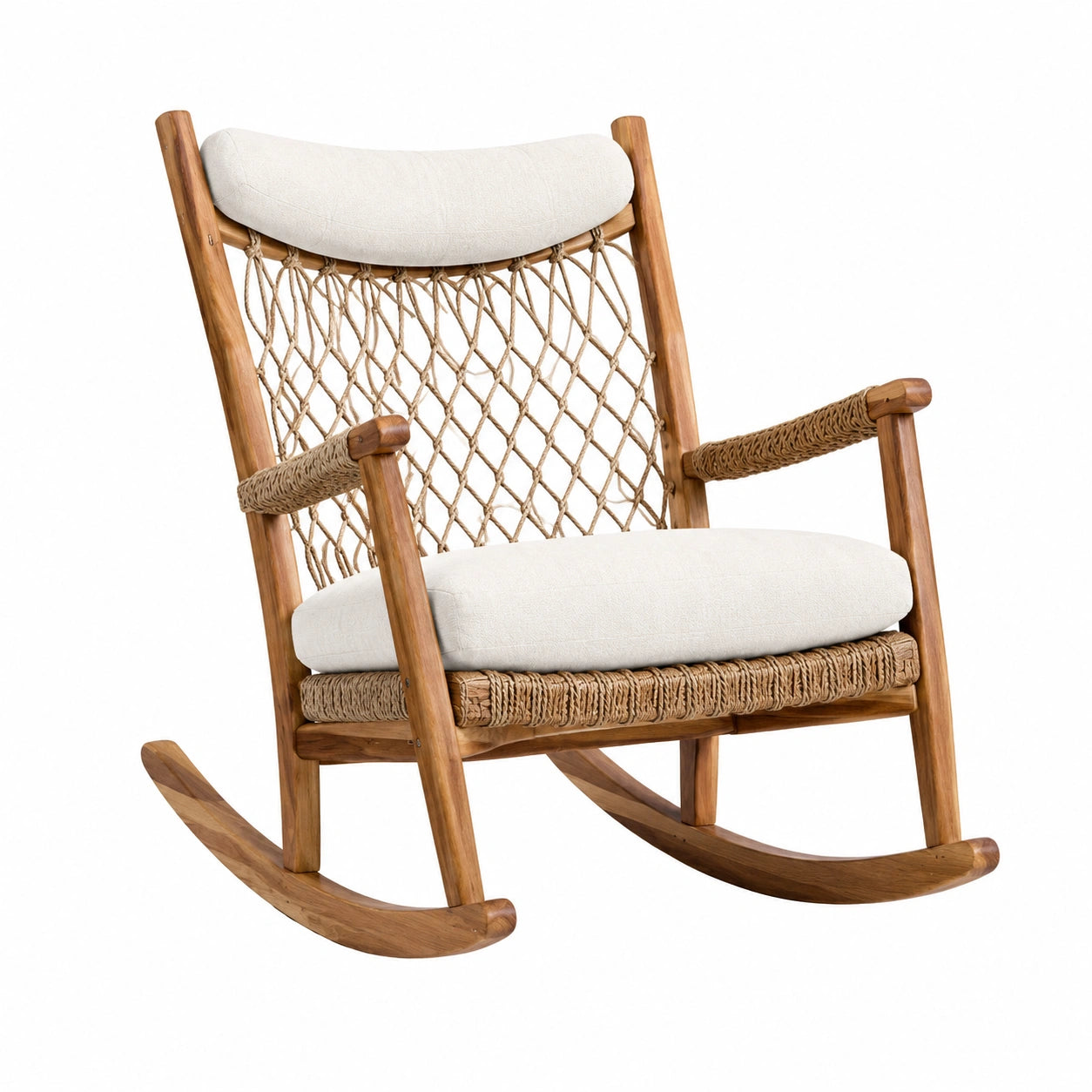 Mecedora de madera de teca con cojines de lino y respaldo de cuerda beige