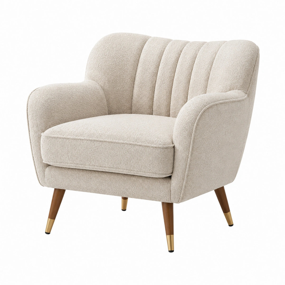 Sillón de tela de poliéster beige con patas de madera de nogal
